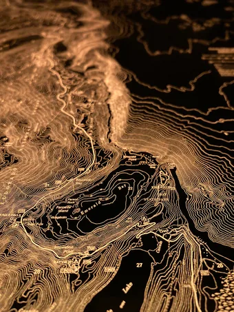 Lake Tahoe illuminated map closeup.