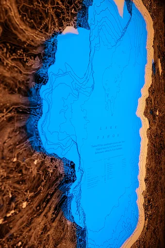 9x12x2" illuminated map of Lake Tahoe, CA, closeup.