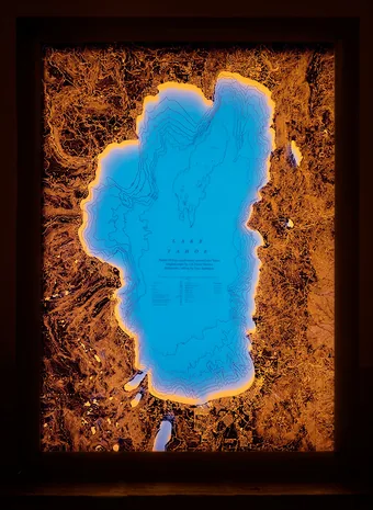 9x12x2" illuminated map of Lake Tahoe, CA.